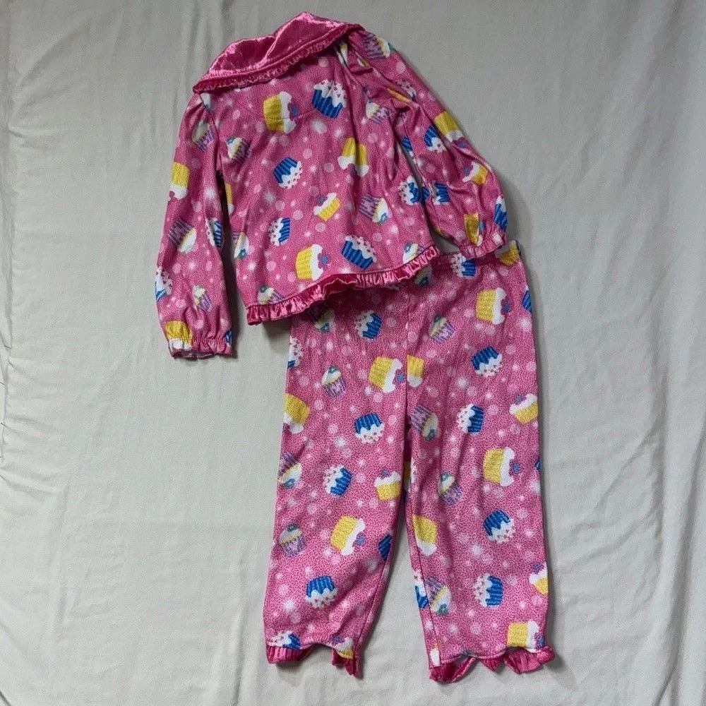 Disney Minnie Mouse Pajama Set Girls 3T Pink Top Bottom Cupcake Cozy Cute Ruffle